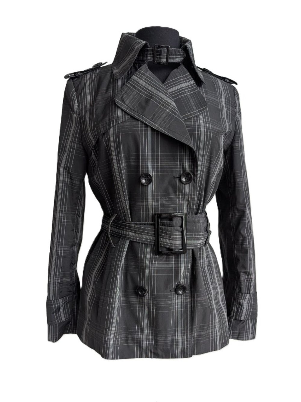 ZARA Vintage Charcoal Plaid Belted Trench Coat | Large